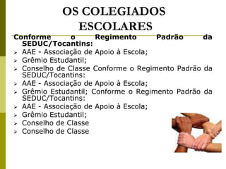 OS COLEGIADOS ESCOLARESConforme o Regimento Padrão da SEDUC/Tocantins:AAE - Associação de Apoio à Escola;