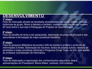 DESENVOLVIMENTO  1ª etapa: Fase de motivação através de atividades diversificadas tais como: vídeos, músicas, dinâmicas de grupo, filmes e debates e também, conhecimento dos alunos novatos (6º ano) sobre o que seja a Pedagogia de Projetos de Aprendizagem.   2ª etapa:  Fase de escolha do tema a ser pesquisado, elaboração da pergunta principal e das secundárias e formulação de mapa conceitual hipotético.   3ª etapa:  Fase de pesquisa (Biblioteca da escola e SAI da escola) e análise e confronto de informações e fontes. Elaboração de resumos, textos de própria autoria, relatório de atividades e mapa conceitual utilizando o Programa Cmap Tools, na SAI, com auxílio do professor Coordenador de Informática.   4ª etapa: Fase de elaboração e organização dos conhecimentos adquiridos: blog’s, apresentações em Powerpoint, Movie Maker, cartazes, mini-rodadas. 