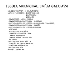 ESCOLA MULNICIPAL. EMÍLIA GALAFASSI
 LAB. DE INFORMÁTICA – 25 COMPUTADORES
 SALA DOS PROFESSORES – 2 COMPUTADORES
                         1 IMPRESSORA
                         1 SCANNER
 1 COMPUTADOR – ALUNO - ESPECIAL
 1 COMPUTADOR COM IMPRESSORA – SECRETARÍA
 1COMPUTADOR COM IMPRESSORA – COORDENAÇÃO PEDAGÓGICA
 1 COMPUTADOR COM IMPRESSORA – DIREÇÃO
 1COMPUTADOR COM IMPRESSORA - BIBLIOTECA
 1 NOTEBOOK
 2 APARELHOS DE MULTIMÍDIA
 2 PROJETORES DE IMAGEM E SOM
 1 CAIXA DE SOM GRANDE
 1 CAIXA DE SOM CO ENTRADA USB
 1 MICROFONE
 8 APARELHOS DE SOM – TOCA CD
 1 TELEVISÃO LCD COM ENTRADA USB
 2 TELEVISÕES 29 POLEGADAS
 3 APARELHOS DE DVD
 INTERNET CO WIRELLES
 