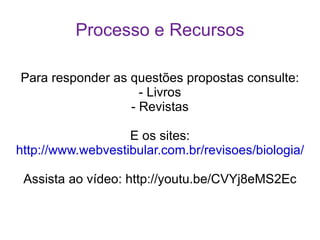 Processo e Recursos Para responder as questões propostas consulte: - Livros - Revistas E os sites: http://www.webvestibular.com.br/revisoes/biologia/a_classificacao_animais_alimenracao.htm Assista ao vídeo: http://youtu.be/CVYj8eMS2Ec 