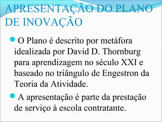 APRESENTAÇÃO DO PLANO
DE INOVAÇÃO
O Plano é descrito por metáfora
 idealizada por David D. Thornburg
 para aprendizagem no século XXI e
 baseado no triângulo de Engestron da
 Teoria da Atividade.
A apresentação é parte da prestação
 de serviço à escola contratante.
 