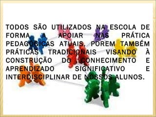 TODOS SÃO UTILIZADOS NA ESCOLA DE FORMA A APOIAR NAS PRÁTICA PEDAGÓGICAS ATUAIS, POREM TAMBÉM PRÁTICAS TRADICIONAIS VISANDO À CONSTRUÇÃO DO CONHECIMENTO E APRENDIZADO SIGNIFICATIVO E INTERDISCIPLINAR DE NOSSOS ALUNOS. 