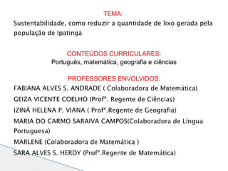 TEMA:
Sustentabilidade, como reduzir a quantidade de lixo gerada pela
população de Ipatinga


                   CONTEÚDOS CURRICULARES:
              Português, matemática, geografia e ciências

                   PROFESSORES ENVOLVIDOS:
FABIANA ALVES S. ANDRADE ( Colaboradora de Matemática)
GEIZA VICENTE COELHO (Profª. Regente de Ciências)
IZINÁ HELENA P. VIANA ( Profª.Regente de Geografia)
MARIA DO CARMO SARAIVA CAMPOS(Colaboradora de Língua
Portuguesa)
MARLENE (Colaboradora de Matemática )
SARA ALVES S. HERDY (Profª.Regente de Matemática)
 
 