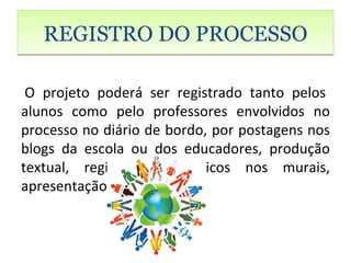 REGISTRO DO PROCESSO

 O projeto poderá ser registrado tanto pelos
alunos como pelo professores envolvidos no
processo no diário de bordo, por postagens nos
blogs da escola ou dos educadores, produção
textual, registros fotográficos nos murais,
apresentação em data show.
 