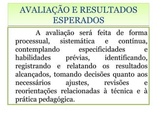 AVALIAÇÃO E RESULTADOS
       ESPERADOS
       A avaliação será feita de forma
processual, sistemática e contínua,
contemplando        especificidades       e
habilidades     prévias,     identificando,
registrando e relatando os resultados
alcançados, tomando decisões quanto aos
necessários     ajustes,     revisões     e
reorientações relacionadas à técnica e à
prática pedagógica.
 