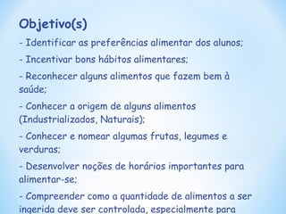 Objetivo(s) - Identificar as preferências alimentar dos alunos; - Incentivar bons hábitos alimentares; - Reconhecer alguns alimentos que fazem bem à saúde; - Conhecer a origem de alguns alimentos (Industrializados, Naturais); - Conhecer e nomear algumas frutas, legumes e verduras; - Desenvolver noções de horários importantes para alimentar-se; - Compreender como a quantidade de alimentos a ser ingerida deve ser controlada, especialmente para alimentos não saudáveis. 