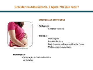 Gravidez na Adolescência. E Agora!?!O Que Fazer?



                             DISCIPLINAS E CONTEÚDOS

                             Português:
                                     Gêneros textuais


                             Biologia:
                                         Implicações
                                         Fatores de risco
                                         Prejuízos causados pelo álcool e fumo
                                         Métodos contraceptivos.
(empautaufs.wordpress.com)




Matemática:
        Construção e análise de dados
         de tabelas.
 