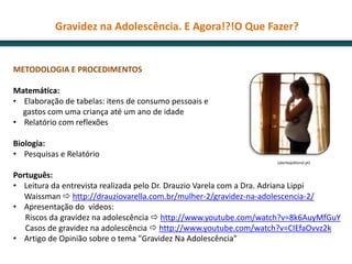 Gravidez na Adolescência. E Agora!?!O Que Fazer?


METODOLOGIA E PROCEDIMENTOS

Matemática:
• Elaboração de tabelas: itens de consumo pessoais e
  gastos com uma criança até um ano de idade
• Relatório com reflexões

Biologia:
• Pesquisas e Relatório
                                                                  (alentejolitoral.pt)


Português:
• Leitura da entrevista realizada pelo Dr. Drauzio Varela com a Dra. Adriana Lippi
   Waissman  http://drauziovarella.com.br/mulher-2/gravidez-na-adolescencia-2/
• Apresentação do vídeos:
   Riscos da gravidez na adolescência  http://www.youtube.com/watch?v=8k6AuyMfGuY
   Casos de gravidez na adolescência  http://www.youtube.com/watch?v=CIEfaOvvz2k
• Artigo de Opinião sobre o tema "Gravidez Na Adolescência"
 