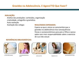 Gravidez na Adolescência. E Agora!?!O Que Fazer?


 AVALIAÇÃO:
   Análise das produções: conteúdos, organização
   criatividade, ortografia e gramática.
   Auto avaliação
   Avaliação dos colegas               RESULTADOS ESPERADOS:
                                       Espera-se que o aluno se conscientize que a
                                       gravidez na adolescência traz consequências
                                       físicas e socioeconômicas para pais e filhos e possa
                                       optar com mais responsabilidade sobre o exercício
                                       de sua vida sexual.
    REFERÊNCIAS BIBLIOGRÁFICAS:




(1146061549061jovemgra)    (comosaberseestougravida.c                                             (gravidezadolescente-be.jpg)
                           om.br)                       (jovem.ig.com.br)   (blogbrasil.com.br)
 
