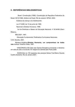 8 - REFERÊNCIAS BIBLIOGRÁFICAS

              Brasil. Constituição (1998). Constituição da Republica Federativa do
Brasil. 05/10/1988. Antônio de Paulo. Rio de Janeiro: DPSA, 2002.
            Estatuto da criança e do Adolescente.

            Lei nº 8.069, de 13 de junho de 1990.
            Nacional e Direitos Humanos, 1996.
             Lei de Diretrizes e Bases da Educação Nacional, nº 93.94/96 (Darci
Ribeiro).
       MEC/SEF, 1997.
            Educação Fundamental; Parâmetros Curriculares Nacionais.
V.05. Brasília, 2001.
      Monteiro,Angélica,Direitos Humanos, um compromisso de todos
nós.Instituto Teotônio Vilela, 1997.

         VASCONCELLOS.Celso dos Santos.Disciplina.consciente e interativa
em sala de aula e na escola.16º edição.Ed.Libertad.São Paulo,2006.

        NIVEN.Davi os 100 segredos das pessoas felizes.Trad.Maria Claudia
Coelho.Sextante, Rio de Janeiro,2001.
 