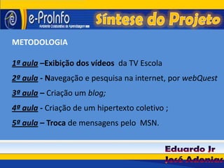 METODOLOGIA

1ª aula –Exibição dos vídeos da TV Escola
2ª aula - Navegação e pesquisa na internet, por webQuest
3ª aula – Criação um blog;
4ª aula - Criação de um hipertexto coletivo ;
5ª aula – Troca de mensagens pelo MSN.
 