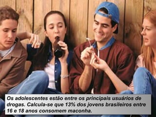 Os adolescentes estão entre os principais usuários de
drogas. Calcula-se que 13% dos jovens brasileiros entre
16 e 18 anos consomem maconha.
 