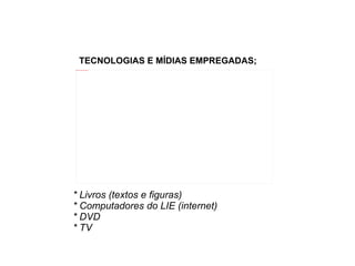 TECNOLOGIAS E MÍDIAS EMPREGADAS; * Livros (textos e figuras) * Computadores do LIE (internet) * DVD * TV