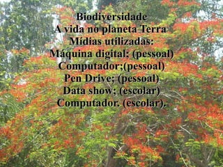Biodiversidade A vida no planeta Terra  Mídias utilizadas: Máquina digital; (pessoal) Computador;(pessoal) Pen Drive; (pessoal) Data show; (escolar) Computador. (escolar). 
