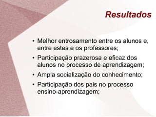 Resultados

●   Melhor entrosamento entre os alunos e,
    entre estes e os professores;
●   Participação prazerosa e eficaz dos
    alunos no processo de aprendizagem;
●   Ampla socialização do conhecimento;
●   Participação dos pais no processo
    ensino-aprendizagem;
 