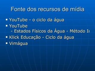 Fonte dos recursos de mídia YouTube  - o ciclo da água YouTube  - Estados Físicos da Água - Método Inteligente! Klick  Educação - Ciclo da água Vimágua 