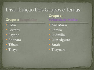 Lídia Lorrany Rayane Rhonara Tábata Thays Ana Maria Camila Ludmilla Luiz Algusto Sarah Thaynara Grupo 2:  Velocidade Média 