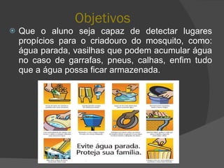 Objetivos Que o aluno seja capaz de detectar lugares propícios para o criadouro do mosquito, como: água parada, vasilhas que podem acumular água no caso de garrafas, pneus, calhas, enfim tudo que a água possa ficar armazenada. 