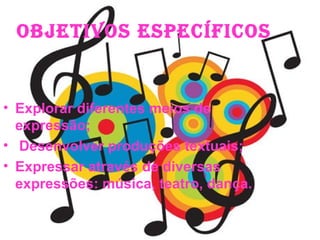 OBJETIVOS ESPECÍFICOS Explorar diferentes meios de expressão; Desenvolver produções textuais; Expressar através de diversas expressões: música, teatro, dança. 