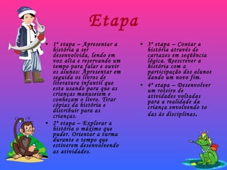 Etapa 1º etapa – Apresentar a história a ser desenvolvida, lendo em voz alta e reservando um tempo para falar e ouvir os alunos: Apresentar em seguida os livros de literatura infantil que esta usando para que as crianças manuseiem e conheçam o livro. Tirar cópias da história e distribuir para as crianças. 2º etapa – Explorar a história o máximo que puder. Orientar a turma durante o tempo que estiverem desenvolvendo as   atividades. 3º etapa – Contar a história através de cartazes em seqüência lógica. Reescrever a história com a participação dos alunos dando um novo fim. 4º etapa – Desenvolver um roteiro de atividades voltadas para a realidade da criança envolvendo to das às disciplinas . 