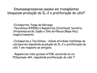 -Ciclosporina: fungo da Noruega
-Tacrolimus (FK506) e Rapamicina (Sirolimus): bactéria
Streptomyces do Japão e Ilha de Páscoa (Rapa Nui),
respectivamente
-Ciclosporina e Tacrolimus : inibem atividade fosfatase da
calcineurina impedindo produção de IL-2 e proliferação de
céls T em resposta ao antígeno
- Rapamicina inibe quinase mTOR, envolvida na via
PI3quinase-Akt, impedindo proliferação de céls T
Imunossupressores usados em transplantes
bloqueiam produção de IL-2 e proliferação de célsT
 