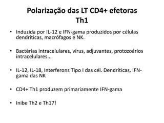 Polarização das LT CD4+ efetoras
Th1
• Induzida por IL-12 e IFN-gama produzidos por células
dendríticas, macrófagos e NK.
• Bactérias intracelulares, vírus, adjuvantes, protozoários
intracelulares...
• IL-12, IL-18, Interferons Tipo I das cél. Dendríticas, IFNgama das NK
• CD4+ Th1 produzem primariamente IFN-gama

• Inibe Th2 e Th17!

 