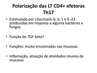 Polarização das LT CD4+ efetoras
Th17
• Estimulada por citocinasIL-6, IL-1 e IL-23
produzidas em resposta a alguma bactérias e
fungos.
• Função do TGF-beta?

• Funções: muito encontradas nas mucosas
• Inflamação, ativação de atividades imunes de
mucosas

 