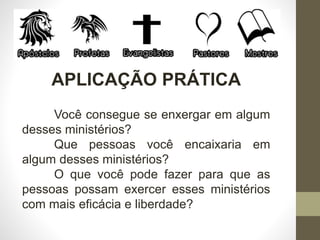 Você consegue se enxergar em algum
desses ministérios?
Que pessoas você encaixaria em
algum desses ministérios?
O que você pode fazer para que as
pessoas possam exercer esses ministérios
com mais eficácia e liberdade?
APLICAÇÃO PRÁTICA
 
