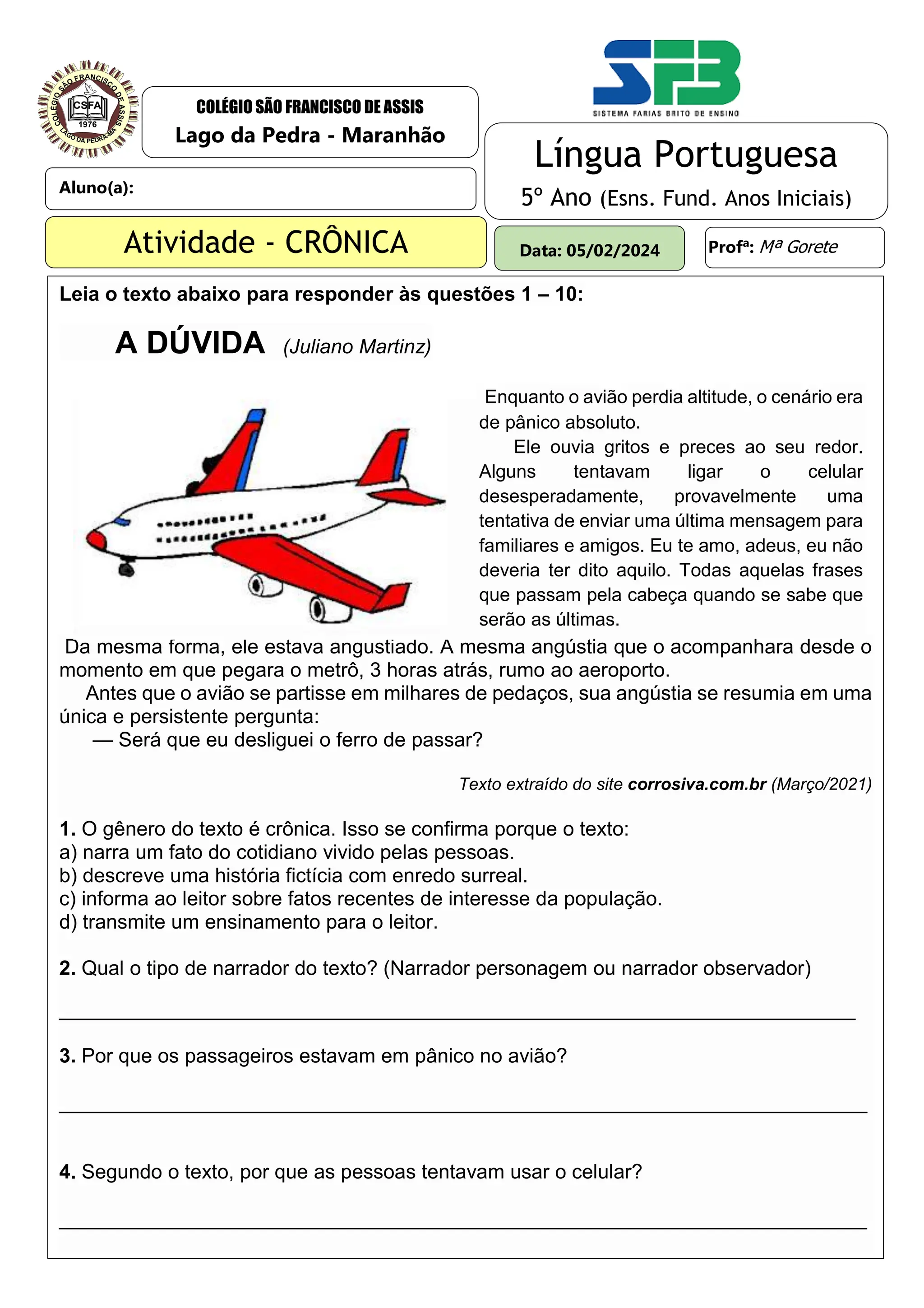 ATIVIDADE (CRÔNICA) - 5º ANO DO ENSINO FUNDAMENTALdocx | PDF