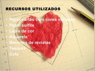RECURSOS UTILIZADOS Papel cartão com cores variadas  Papel sulfite Lápis de cor Aquarela Recortes de revistas  Tesoura Cola 