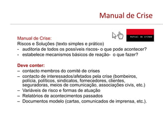Manual de Crise

Manual de Crise:
Riscos e Soluções (texto simples e prático)
- auditoria de todos os possíveis riscos- o que pode acontecer?
- estabelece mecanismos básicos de reação- o que fazer?

Deve conter:
– contacto membros do comité de crises
– contacto de interessados/afetados pela crise (bombeiros,
  polícia, políticos, sindicatos, fornecedores, clientes,
  seguradoras, meios de comunicação, associações civis, etc.)
– Variáveis de risco e formas de atuação
– Relatórios de acontecimentos passados
– Documentos modelo (cartas, comunicados de imprensa, etc.).
 
