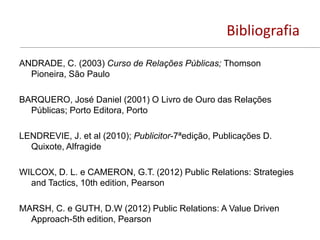 Bibliografia
ANDRADE, C. (2003) Curso de Relações Públicas; Thomson
  Pioneira, São Paulo

BARQUERO, José Daniel (2001) O Livro de Ouro das Relações
  Públicas; Porto Editora, Porto

LENDREVIE, J. et al (2010); Publicitor-7ªedição, Publicações D.
  Quixote, Alfragide

WILCOX, D. L. e CAMERON, G.T. (2012) Public Relations: Strategies
  and Tactics, 10th edition, Pearson

MARSH, C. e GUTH, D.W (2012) Public Relations: A Value Driven
  Approach-5th edition, Pearson
 