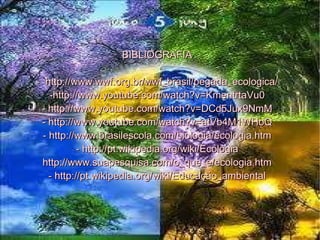 BIBLIOGRAFIA -  http://www.wwf.org.br/wwf_brasil/pegada_ecologica/ - http://www.youtube.com/watch?v=KmentrtaVu0 -  http://www.youtube.com/watch?v=DCd5Jux9NmM -  http://www.youtube.com/watch?v=atVb4M1WHoQ -  http://www.brasilescola.com/biologia/ecologia.htm -  http://pt.wikipedia.org/wiki/Ecologia http://www.suapesquisa.com/o_que_e/ecologia.htm - http://pt.wikipedia.org/wiki/Educação_ambiental 