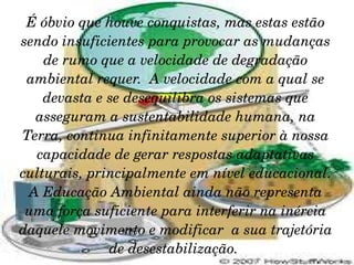 É óbvio que houve conquistas, mas estas estão sendo insuficientes para provocar as mudanças de rumo que a velocidade de degradação ambiental requer.  A velocidade com a qual se devasta e se desequilibra os sistemas que asseguram a sustentabilidade humana, na Terra, continua infinitamente superior à nossa capacidade de gerar respostas adaptativas culturais, principalmente em nível educacional. A Educação Ambiental ainda não representa uma força suficiente para interferir na inércia daquele movimento e modificar  a sua trajetória de desestabilização.  