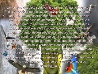 Um projeto de coleta seletiva no qual a única participação dos discentes seja jogar o lixo em latões separados, envolvendo apenas um professor coordenador  não é prática capaz de produzir a mudança de mentalidade necessária para que a atitude de reduzir o consumo, reutilizar e reciclar resíduos sólidos se estabeleça e transcenda para além do ambiente escolar. Portanto, deve-se buscar alternativas que promovam uma contínua reflexão que culmine na mudança de mentalidade; apenas dessa forma, conseguiremos implementar em nossas escolas, a verdadeira Educação Ambiental, com atividades e projetos não meramente ilustrativos, mas fruto da ânsia de toda a comunidade escolar em construir um futuro no qual possamos viver em um ambiente equilibrado, em harmonia com o meio, com os outros seres vivos e com nossos semelhantes. 