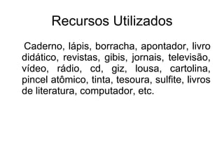 Recursos Utilizados Caderno, lápis, borracha, apontador, livro didático, revistas, gibis, jornais, televisão, vídeo, rádio, cd, giz, lousa, cartolina, pincel atômico, tinta, tesoura, sulfite, livros de literatura, computador, etc. 