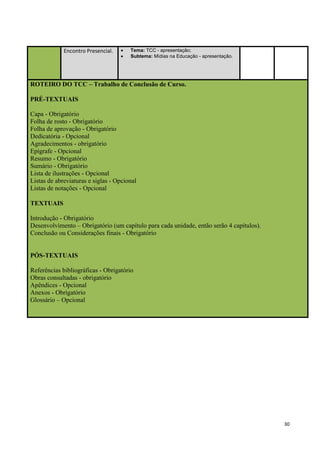 Encontro Presencial.      Tema: TCC - apresentação;
                                       Subtema: Mídias na Educação - apresentação.




ROTEIRO DO TCC – Trabalho de Conclusão de Curso.

PRÉ-TEXTUAIS

Capa - Obrigatório
Folha de rosto - Obrigatório
Folha de aprovação - Obrigatório
Dedicatória - Opcional
Agradecimentos - obrigatório
Epígrafe - Opcional
Resumo - Obrigatório
Sumário - Obrigatório
Lista de ilustrações - Opcional
Listas de abreviaturas e siglas - Opcional
Listas de notações - Opcional

TEXTUAIS

Introdução - Obrigatório
Desenvolvimento – Obrigatório (um capítulo para cada unidade, então serão 4 capítulos).
Conclusão ou Considerações finais - Obrigatório


PÓS-TEXTUAIS

Referências bibliográficas - Obrigatório
Obras consultadas - obrigatório
Apêndices - Opcional
Anexos - Obrigatório
Glossário – Opcional




                                                                                          30
 