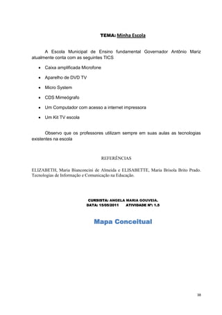 TEMA: Minha Escola


      A Escola Municipal de Ensino fundamental Governador Antônio Mariz
atualmente conta com as seguintes TICS

      Caixa amplificada Microfone

      Aparelho de DVD TV

      Micro System

      CDS Mimeógrafo

      Um Computador com acesso a internet impressora

      Um Kit TV escola


       Observo que os professores utilizam sempre em suas aulas as tecnologias
existentes na escola



                                    REFERÊNCIAS

ELIZABETH, Maria Bianconcini de Almeida e ELISABETTE, Maria Brisola Brito Prado.
Tecnologias de Informação e Comunicação na Educação.




                          CURSISTA: ANGELA MARIA GOUVEIA.
                         DATA: 15/05/2011  ATIVIDADE Nº: 1.5




                             Mapa Conceitual




                                                                              38
 