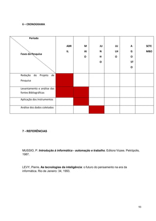 6 – CRONOGRAMA



      Período

                                 ABR           M          JU          JU          A         SETE
                                 IL            AI         N           LH          G         MBO
Fases da Pesquisa
                                               O          H           O           O
                                                          O                       ST
                                                                                  O

Redação    do   Projeto   de
Pesquisa

Levantamento e análise das
fontes Bibliográficas

Aplicação dos Instrumentos

Análise dos dados coletados




 7 - REFERÊNCIAS




 MUSSIO, P. Introdução à informática - automação e trabalho. Editora Vozes. Petrópolis,
 1987.



 LEVY, Pierre. As tecnologias da inteligência: o futuro do pensamento na era da
 informática. Rio de Janeiro: 34, 1993.




                                                                                       93
 