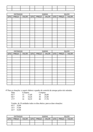 ENTRADAS                             SAIDAS                        SALDO
  QTD     PREÇO       VALOR      QTD    PREÇO       VALOR     QTD     PREÇO       VALOR




           ENTRADAS                             SAIDAS                        SALDO
  QTD     PREÇO       VALOR      QTD    PREÇO       VALOR     QTD     PREÇO       VALOR




4º Para as situações a seguir elabore o quadro de controle de estoque pelos três métodos
       Data           Compras               Compras
       02/7           12      17,40         18      20,00
       04/7           19      18,20         30      25,00
       17/7           16      18,35         40      17,70

        Vendas de 10 unidades todos os dias abaixo, para as duas situações:
        03/7 35,00
        15/7 37,00
        22/7 32,00


           ENTRADAS                             SAIDAS                        SALDO
  QTD     PREÇO       VALOR      QTD    PREÇO       VALOR     QTD     PREÇO       VALOR
 
