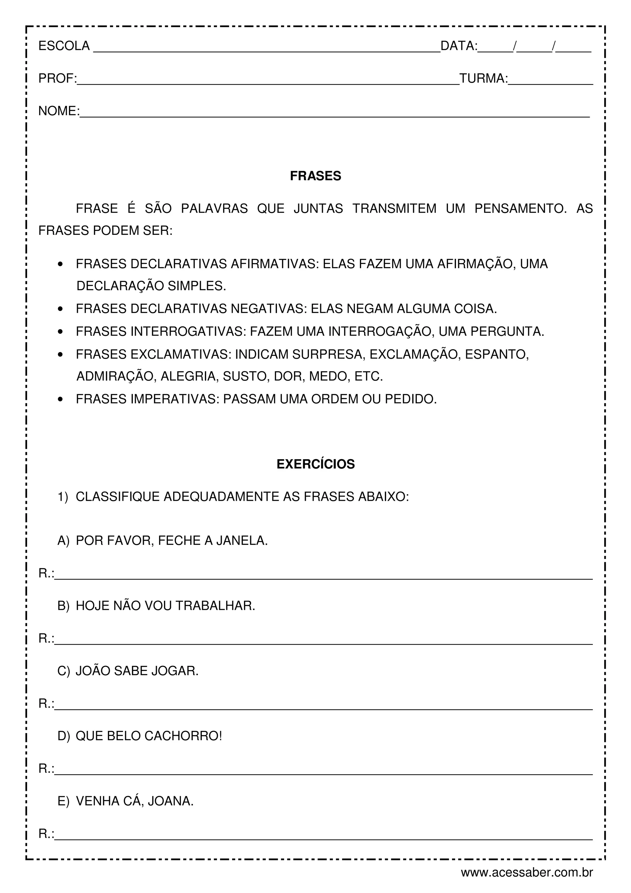 Atividade de-lingua-portuguesa-tipos-de-frases-5º ano | PDF