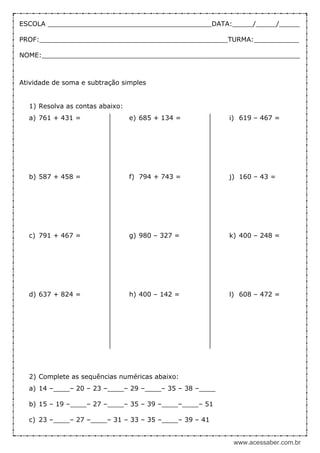 Atividades de Matemática – Cálculo, recorte e colagem das adições –