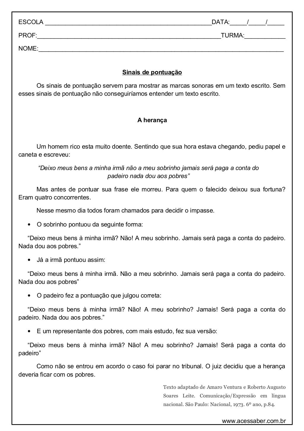 Atividades Com Sinais De Pontuação 5 Ano - Acessaber - FDPLEARN