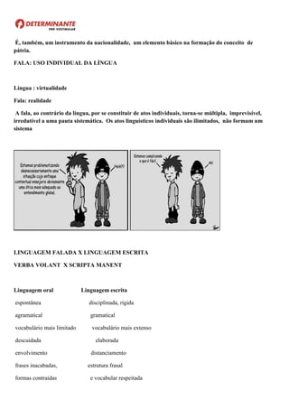 É, também, um instrumento da nacionalidade, um elemento básico na formação do conceito de
pátria.
FALA: USO INDIVIDUAL DA LÍNGUA
Língua : virtualidade
Fala: realidade
A fala, ao contrário da língua, por se constituir de atos individuais, torna-se múltipla, imprevisível,
irredutível a uma pauta sistemática. Os atos linguísticos individuais são ilimitados, não formam um
sistema
LINGUAGEM FALADA X LINGUAGEM ESCRITA
VERBA VOLANT X SCRIPTA MANENT
Linguagem oral Linguagem escrita
espontânea disciplinada, rígida
agramatical gramatical
vocabulário mais limitado vocabulário mais extenso
descuidada elaborada
envolvimento distanciamento
frases inacabadas, estrutura frasal
formas contraídas e vocabular respeitada
 