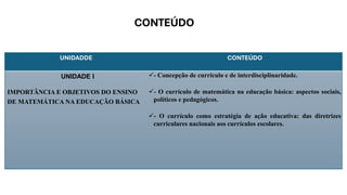 CONTEÚDO
UNIDADDE CONTEÚDO
UNIDADE I
IMPORTÂNCIA E OBJETIVOS DO ENSINO
DE MATEMÁTICA NA EDUCAÇÃO BÁSICA
✓- Concepção de currículo e de interdisciplinaridade.
✓- O currículo de matemática na educação básica: aspectos sociais,
políticos e pedagógicos.
✓- O currículo como estratégia de ação educativa: das diretrizes
curriculares nacionais aos currículos escolares.
 