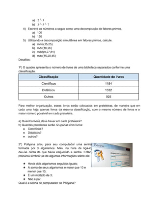 a)  2 3
∙ 3
b)    3 2
∙ 5 2
∙ 7
4) Escreva os números a seguir como uma decompisição de fatores primos.
a) 100
b) 150
5) Utilizando a decomposição simultânea em fatores primos, calcule.
a) mmc(15,25)
b) mdc(16,26)
c) mmc(9,27,81)
d) mdc(15,20,45)
Desafios:
1º) O quadro apresenta o número de livros de uma biblioteca separados conforme uma
classificação.
Classificação Quantidade de livros
Científicos 1184
Didáticos 1332
Outros 925
Para melhor organização, esses livros serão colocados em prateleiras, de maneira que em                       
cada uma haja apenas livros da mesma classificação, com o mesmo número de livros e o                             
maior número possível em cada prateleira.
a) Quantos livros deve haver em cada prateleira?
b) Quantas prateleiras serão ocupadas com livros:
● Científicos?
● Didáticos?
● outros?
2º) Pollyana criou para seu computador uma senha             
formada por 3 algarismos. Mas, na hora de ligá­lo,               
deu­se conta de que havia esquecido a senha. Então,               
procurou lembrar­se de algumas informações sobre ela:
★ Havia dois algarismos seguidos iguais;
★ A soma de seus algarismos é maior que 10 e
menor que 13;
★ É um múltiplo de 3;
★ Não é par.
Qual é a senha do computador de Pollyana?
 