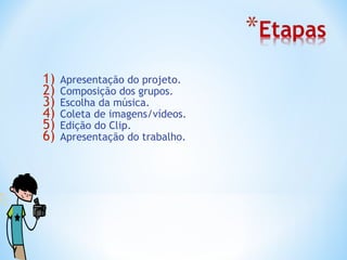 1)   Apresentação do projeto.
2)   Composição dos grupos.
3)   Escolha da música.
4)   Coleta de imagens/vídeos.
5)   Edição do Clip.
6)   Apresentação do trabalho.
 