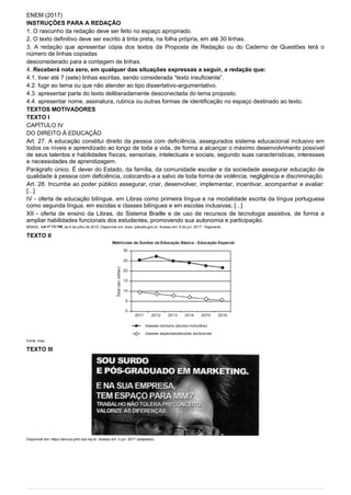 ENEM (2017)
INSTRUÇÕES PARA A REDAÇÃO
1. O rascunho da redação deve ser feito no espaço apropriado.
2. O texto definitivo deve ser escrito à tinta preta, na folha própria, em até 30 linhas.
3. A redação que apresentar cópia dos textos da Proposta de Redação ou do Caderno de Questões terá o
número de linhas copiadas
desconsiderado para a contagem de linhas.
4. Receberá nota zero, em qualquer das situações expressas a seguir, a redação que:
4.1. tiver até 7 (sete) linhas escritas, sendo considerada “texto insuficiente”.
4.2. fugir ao tema ou que não atender ao tipo dissertativo-argumentativo.
4.3. apresentar parte do texto deliberadamente desconectada do tema proposto.
4.4. apresentar nome, assinatura, rubrica ou outras formas de identificação no espaço destinado ao texto.
TEXTOS MOTIVADORES
TEXTO I
CAPÍTULO IV
DO DIREITO À EDUCAÇÃO
Art. 27. A educação constitui direito da pessoa com deficiência, assegurados sistema educacional inclusivo em
todos os níveis e aprendizado ao longo de toda a vida, de forma a alcançar o máximo desenvolvimento possível
de seus talentos e habilidades físicas, sensoriais, intelectuais e sociais, segundo suas características, interesses
e necessidades de aprendizagem.
Parágrafo único. É dever do Estado, da família, da comunidade escolar e da sociedade assegurar educação de
qualidade à pessoa com deficiência, colocando-a a salvo de toda forma de violência, negligência e discriminação.
Art. 28. Incumbe ao poder público assegurar, criar, desenvolver, implementar, incentivar, acompanhar e avaliar:
[...]
IV - oferta de educação bilíngue, em Libras como primeira língua e na modalidade escrita da língua portuguesa
como segunda língua, em escolas e classes bilíngues e em escolas inclusivas; [...]
XII - oferta de ensino da Libras, do Sistema Braille e de uso de recursos de tecnologia assistiva, de forma a
ampliar habilidades funcionais dos estudantes, promovendo sua autonomia e participação.
BRASIL. Lei nº 13.146, de 6 de julho de 2015. Disponível em: www. planalto.gov.br. Acesso em: 9 de jun. 2017 - fragmento.
TEXTO II
Fonte: Inep.
TEXTO III
Disponível em: https://servico.prt4.mpt.mp.br. Acesso em: 3 jun. 2017 (adaptado).
 
