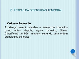2. ETAPAS DA ORIENTAÇÃO TEMPORAL 
• Ordem e Sucessão 
A criança deverá perceber e memorizar conceitos 
como antes, depois, agora, primeiro, último. 
Classificará também imagens segundo uma ordem 
cronológica ou lógica. 
 