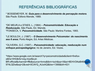 REFERÊNCIAS BIBLIOGRÁFICAS 
* BOSSEMEYER, M. Guia para o desenvolvimento da percepção motora. 
São Paulo: Editora Manole, 1989. 
*DE MEUR,A e STAES, L. (1984) – Psicomotricidade: Educação e 
Reeducação, São Paulo, Ed. Manole. 
*FONSECA, V. Psicomotricidade. São Paulo: Martins Fontes, 1993. 
*LE BOULCH, J. (1987) – O Desenvolvimento Psicomotor: do nascimento 
aos 6 anos; Porto Alegre, Ed. Artes Médicas. 
*OLIVEIRA, G.C. (1997) – Psicomotricidade: educação, reeducação num 
enfoque psicopedagógico; rio de Janeiro, Ed. Vozes. 
*https://www.google.com.br/search?q=psicomotricidade&client=firefox-a& 
hs=tHG&rls=org.mozilla:pt- 
BR:official&channel=fflb&source=lnms&tbm=isch&sa=X&ei=llEHVOKeB468ggS 
974LQDw&sqi=2&ved=0CAYQ_AUoAQ&biw=1366&bih=631 
